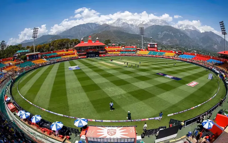 Aerial view of HPCA Cricket Stadium Dharamshala with Dhauladhar mountain range backdrop