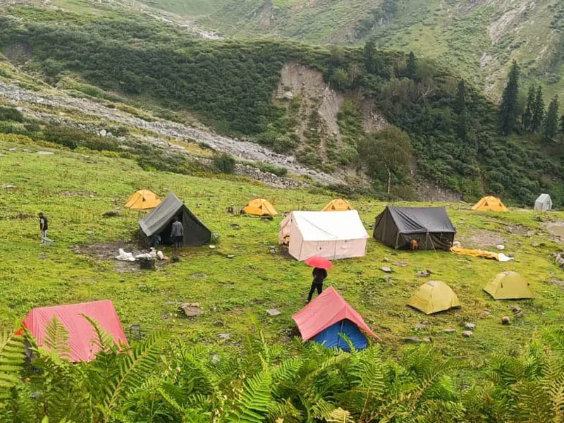 High-altitude base camp setup with colorful tents in a lush green valley
