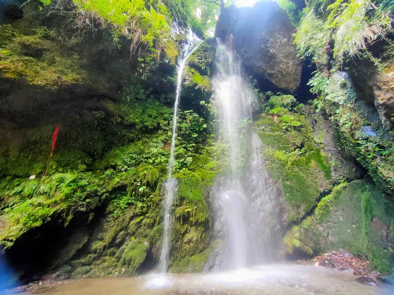 Natural mountain waterfall cascading into a clear rock pool surrounded by lush moss and greenery in Jibhi