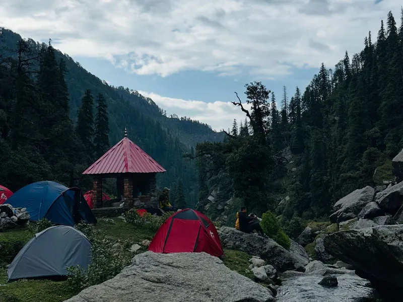 Campsite with red and blue dome tents near mountain huts surrounded by tall pine trees