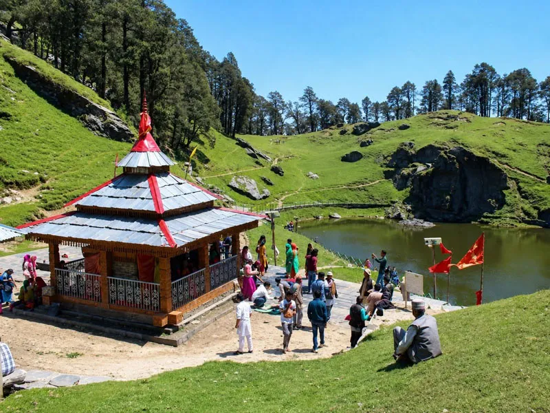 Mata Budhi Nagin temple by the pristine waters of Serolsar Lake surrounded by green hills