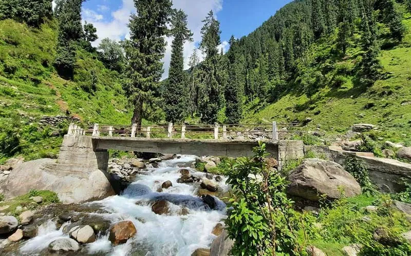 Crystal-clear Uhl River waters flowing beneath a rustic bridge in Barot Valley